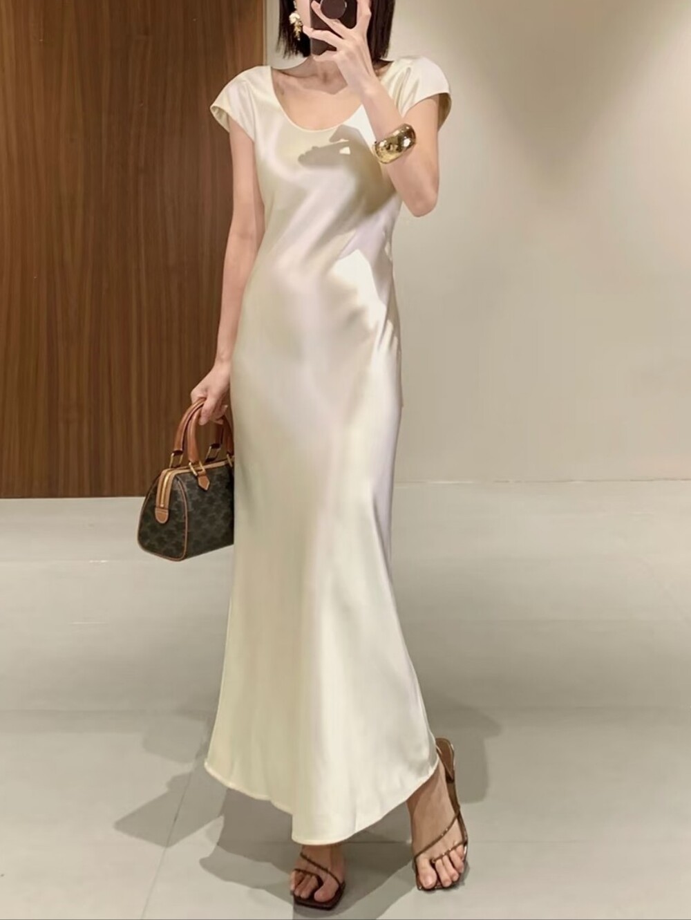 Champagne Color Clean Fit Satin Maxi Dress Party Wedding Engagement Size Small